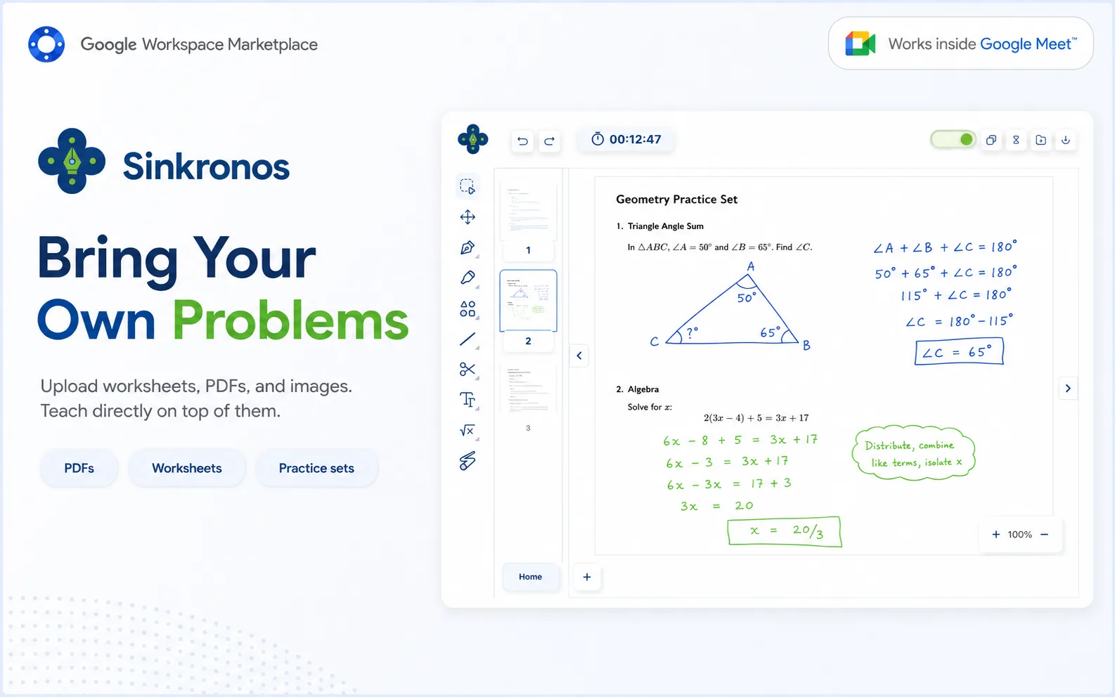 A geometry practice worksheet opened in Sinkronos with handwritten working annotated directly on top of it