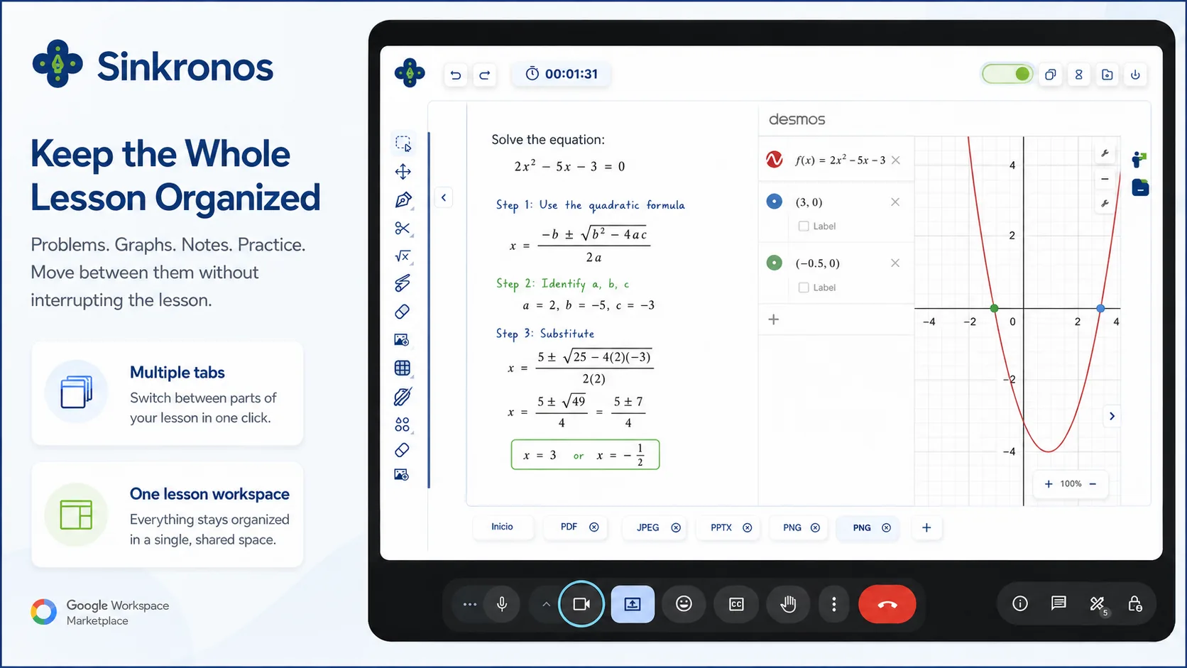 A quadratic equation solved step by step beside a Desmos graph, with lesson resource tabs along the bottom of the Sinkronos workspace