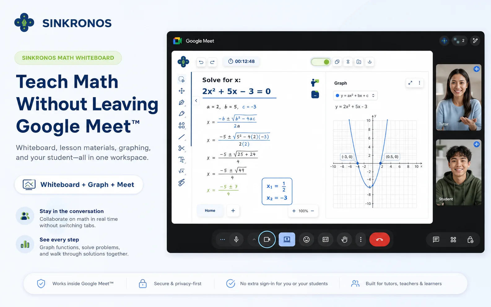 Sinkronos math whiteboard with a quadratic equation solved step by step next to a graph, inside a Google Meet call